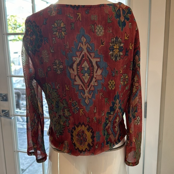 Y2K Rust Multi Ikat Print Surplice Neckline Croped Mesh Top Size - Picture 5 of 9